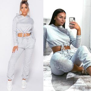 Gray Long Sleeve Hoodie Hooded Crop Top and Joggers Jogger Pants Two Piece Set